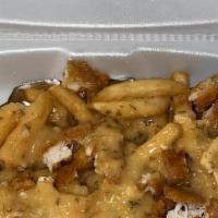 Garlic Parm Chicken Fries · Crispy fries Topped with crispy chicken breast chunks and garlic parm sauce