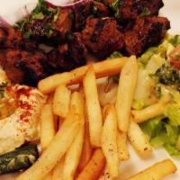 Shish Kebab Lamb Platter · Lamb Served With Onions And Tahini Sauce. Served With Grilled Vegetables And Your Choice Of ...