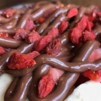 Molokai Cacao · acai base, house-made granola, strawberries, banana, goji berries, chopped almonds, cacao ni...