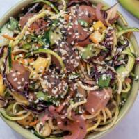 Shaka Bowl 20Oz · choice of protein, brown rice & zucchini noodles, carrot, cucumber, cabbage, scallions, pick...