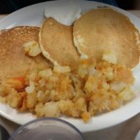 3 Pancakes With Butter & Syrup, 2 Eggs & Turkey Or Beef Sausage · Coffee and apple juice.