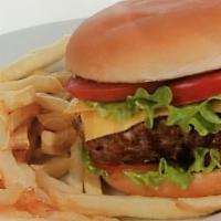 Cheeseburger Combo · Served with french fries, lettuce, tomato, pickles.
