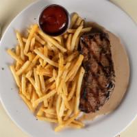 Steak Frites · Grilled ny strip steak with herb butter and french fries. All natural grass fed beef.