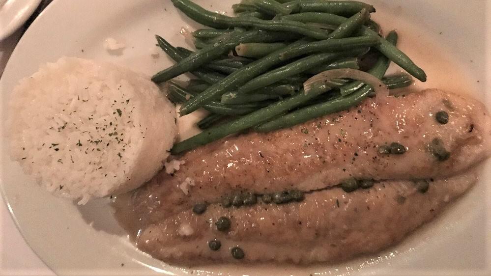 Sole Meuniere · Sauteed in lemon caper sauce, served with jasmine rice and sauteed broccoli.
