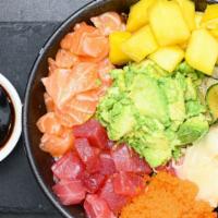 Wasabi Shoyu Bowl · Ahi Tuna, Salmon, Avocado, Mango, Tobiko, Pickled Cucumber, Roasted Seaweed topped with Ging...