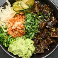 Seared Tuna Kimchi Bowl · Seared Tuna Tataki, Kimchi, Pickled Cucumber, Guacamole, Seaweed Salad, Scallion