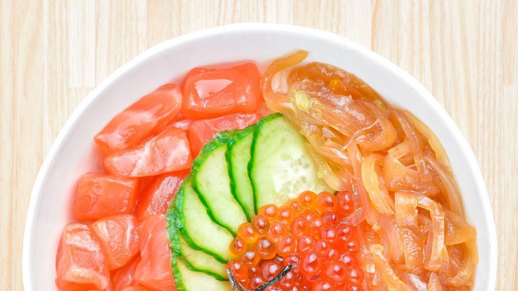 Ikura Salmon Bowl · Miso Salmon, Ikura, Shoyu Onion, Avocado, Pickled Cucumbers