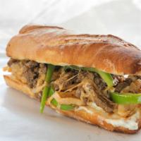 The Jalapeño Cheesesteak Sandwich · Flavorful steak, melted cheese, chopped jalapeños and grilled onions served on a classic roll.