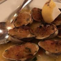 Baked Clams Oreganata · Classic middleneck (8) clams garlic, pane gratugiato, oregano, pecorino chilli, olive oil.
