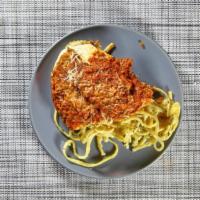 Pollo Parmigiana & Pasta · Chicken cutlet with mozzarella and tomato sauce.