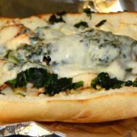 The Marina · Grilled chicken, Sauteed spinach, melted mozzarella, served on garlic bread.