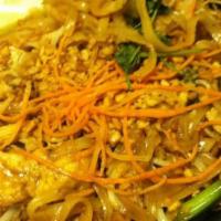 Chicken Pad Thai · Famous thai noodles stir fried with chicken, dried bean curd, egg, bean sprout and scallion.
