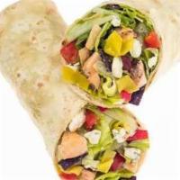 Buffalo Bleu Wrap · Served with Grilled Buffalo Chicken, Chopped Tomatoes, Banana Peppers, Bleu Cheese and Tri-C...