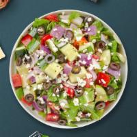 Greek Geek Salad · (Vegetarian) Romaine lettuce, cucumbers, tomatoes, red onions, olives, and feta cheese tosse...