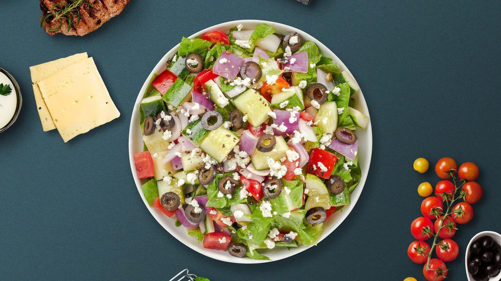 Greek Geek Salad · (Vegetarian) Romaine lettuce, cucumbers, tomatoes, red onions, olives, and feta cheese tossed with balsamic vinaigrette dressing.