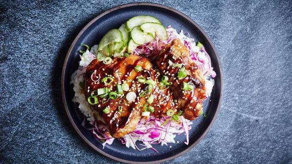 Bbq Chicken Rice Bowl · Marinated chicken BBQ with pickled cucumbers, cabbage, sesame seeds, rice.