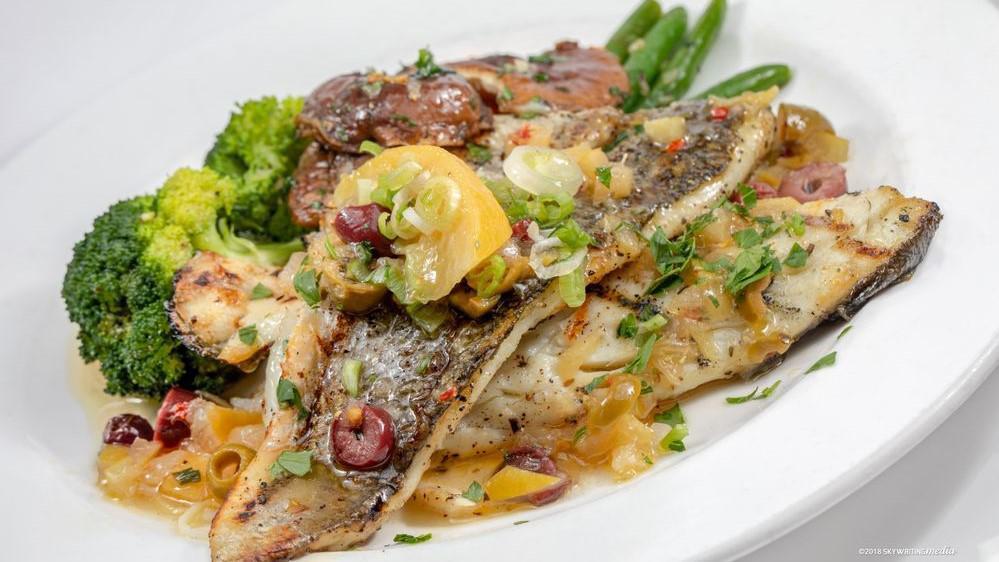 Grilled Bronzini · Grilled Bronzini with Olive and Lemon Confit served with Seasonal Vegetables