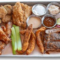 Signature Sampler Platter Appetizer | Traditional Wings · Southside Rib Tips, Chicken Tenders, Sweetwater Catfish Fingers, Fried Pickles and Tradition...