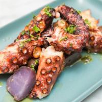 Charred Octopus · Dry braised, Black Squid Ink aioli, fingerling
potatoes, EVOO.