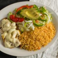 Pollo Al Arriero · Two pieces of grilled chicken breast topped with chorizo, fresh jalapeño, pineapple, and che...