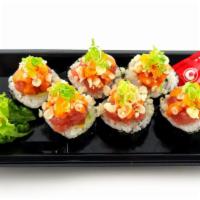 Spicy Tuna Sushi Bombs · raw | tuna, spicy mayo, masago, crunchy tempura,  green onion, cucumber, avocado,  seasoned ...