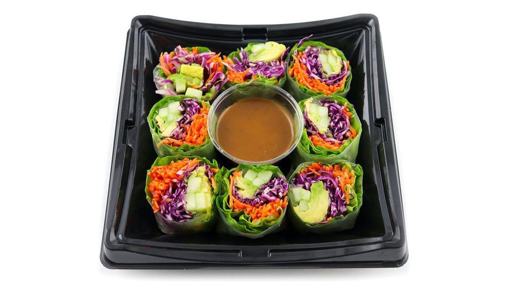 Veggie Salad Roll · vegan | no rice roll | avocado, carrot, cucumber, red cabbage, green leaf lettuce wrapped in rice paper with sweet chili peanut sauce | 238 cal. | contains: peanuts, soy, wheat