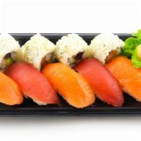 Tuna & Salmon Nigiri/Roll Combo · raw | 9pc total - 5pc nigiri (tuna & salmon), 4pc roll (tuna cucumber roll, salmon avocado r...