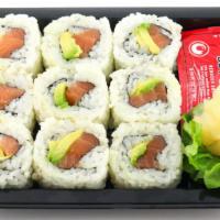 Salmon Avocado Roll · raw | salmon, avocado, seasoned sushi rice, nori,  sesame seeds | 432 cal. | contains: fish,...