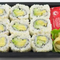 Avocado Cucumber Roll · vegan | avocado, cucumber, seasoned sushi rice, nori, sesame seeds | 381 cal. | contains soy...