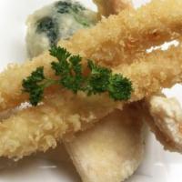 Shrimp & Vegetable Tempura · Two pieces of shrimp and three pieces of vegetable tempura.