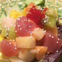 Sashimi Salad · Served with ginger dressing on the side.