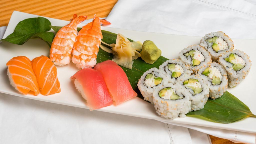 Sushi Regular · Seven pieces of sushi and one California roll. Served with miso soup or green salad.