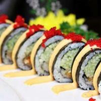 Volcano Roll · Jumbo spicy tuna, cucumber and crunch with spicy sauce and tobiko on top.