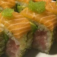 Belly Delight Roll · Yellowtail belly with jalapeño, avocado inside and salmon belly on the top.