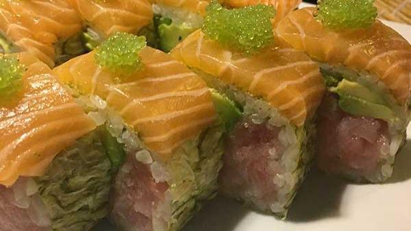Belly Delight Roll · Yellowtail belly with jalapeño, avocado inside and salmon belly on the top.