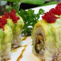 Dragon Roll · Eel and cucumber roll, topped with avocado and tobiko.