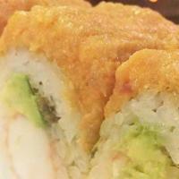 King Crab Roll · King crab avocado roll, topped with spicy tuna and tempura crunch.