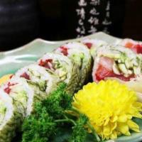 Matsu Roll · Special white seaweed roll with tuna, yellowtail, salmon, cucumber and avocado with mayo and...