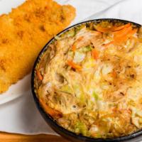 Katsudon · Fried chicken cutlet, vegetable and egg over rice. Served with miso soup or green salad.