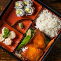Salmon Teriyaki Bento Box · Served with rice, miso soup, green salad, California roll and shumai.