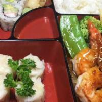 Shrimp Teriyaki Bento Box · Served with rice, miso soup, green salad, California roll and shumai.