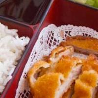 Chicken Katsu Bento Box · Served with rice, miso soup, green salad, California roll and shumai.