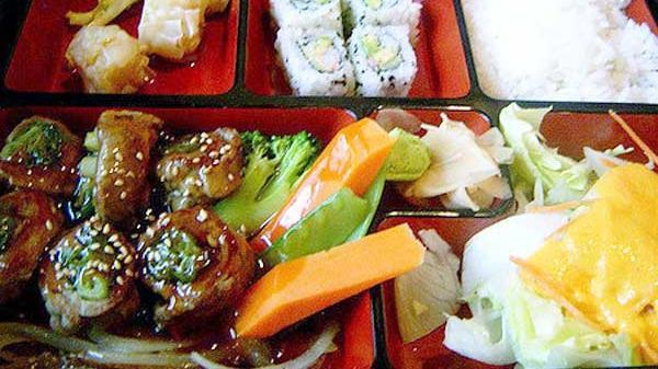 Beef Negimaki Bento Box · Served with rice, miso soup, green salad, California roll and shumai.