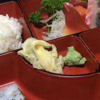 6 Pieces Sashimi Bento Box · Served with rice, miso soup, green salad, California roll and shumai.