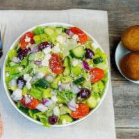 The Dancing Greek · romaine lettuce, tomato, cucumber, red onions, olives and feta cheese in a red wine vinaigre...