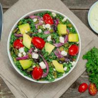 Avocado Kale Yeah · kale, avocado, black beans, cherry tomatoes, pumpkin seeds, pickled onions and feta cheese w...