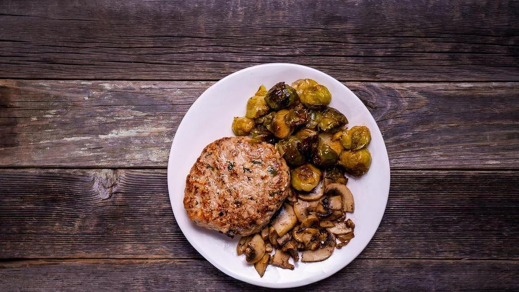 Power Turkey Platter · roasted brussels sprouts, sautéed mushrooms with antibiotic free turkey patty
