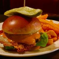 Tavern Burger · Sharp White Cheddar + Lettuce + Tomato + Tavern Sauce + Fries