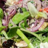 Abigail Salad · Spring mix, roasted peppers, red onions, walnuts, almonds cranberry, goat cheese, and mandar...