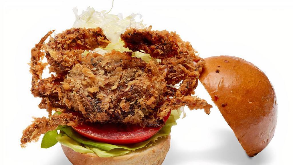 Fried Soft Shell Crab Burger · Bisque sauce, Cole slaw, panko fried, and lemon.